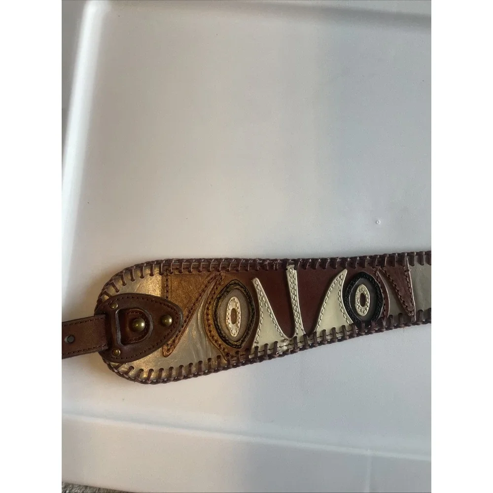 Vintage Hand Tooled Leather Inlay Belt Boho Western Whipstitch Brown Tan Medium